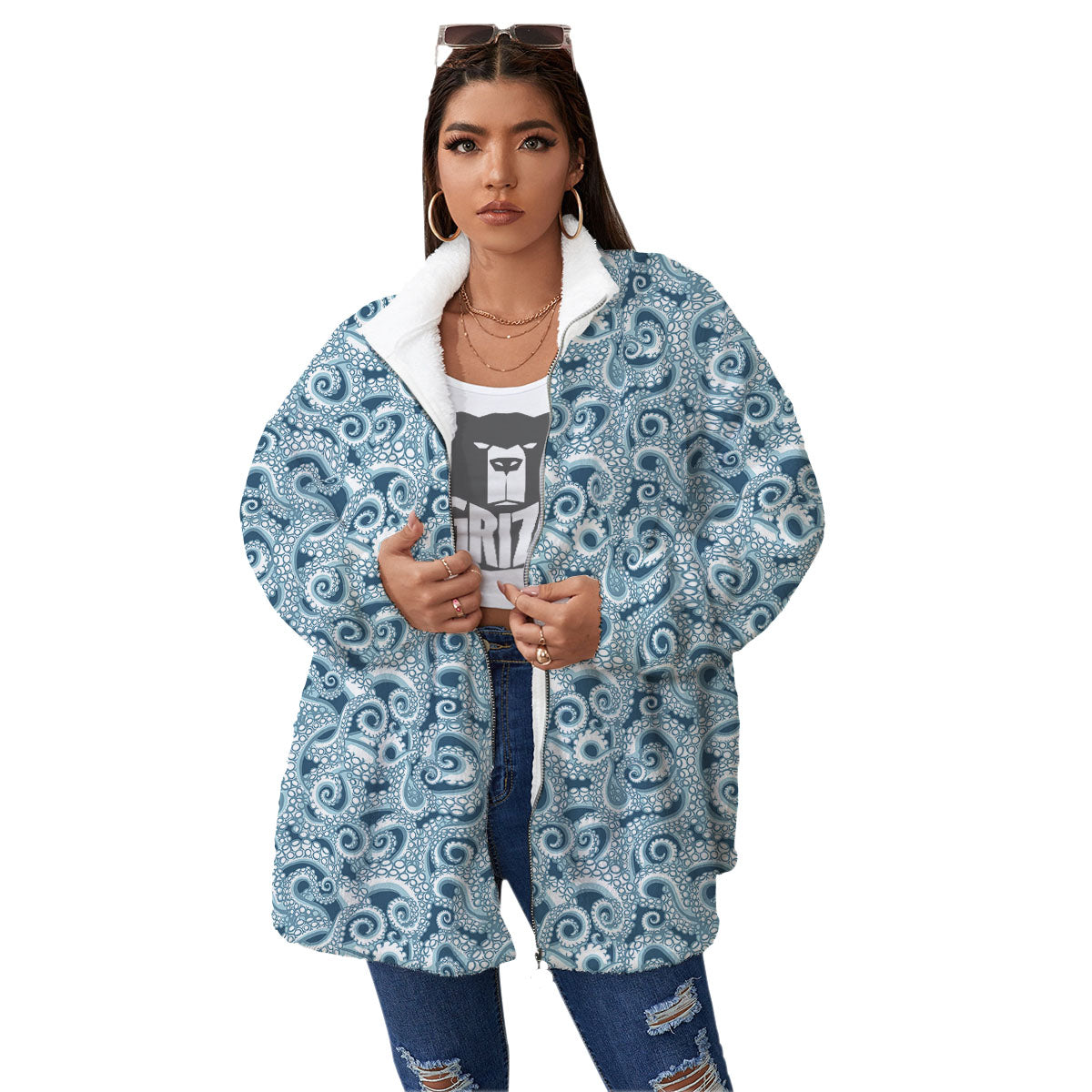 Tentacles Octopus Blue Print Pattern Women's Sherpa Jacket-grizzshop