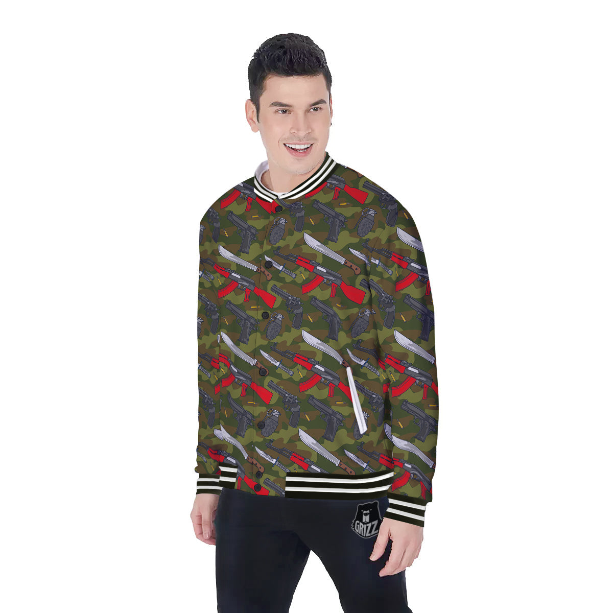Terrorist Weapon Green Camo Print Pattern Baseball Jacket-grizzshop