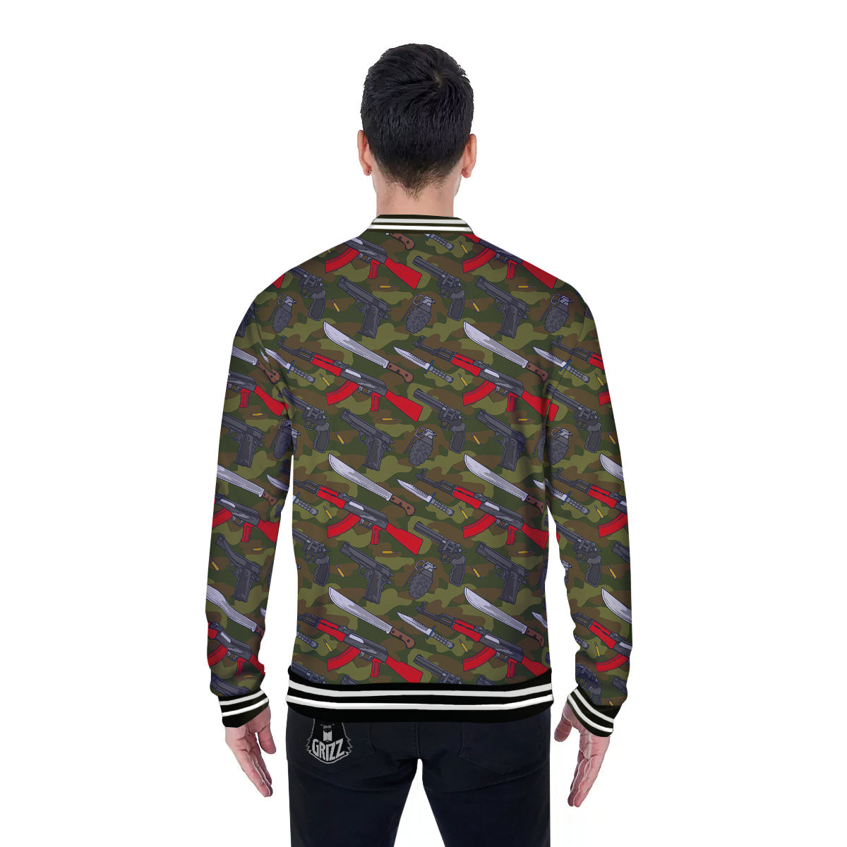 Terrorist Weapon Green Camo Print Pattern Baseball Jacket-grizzshop