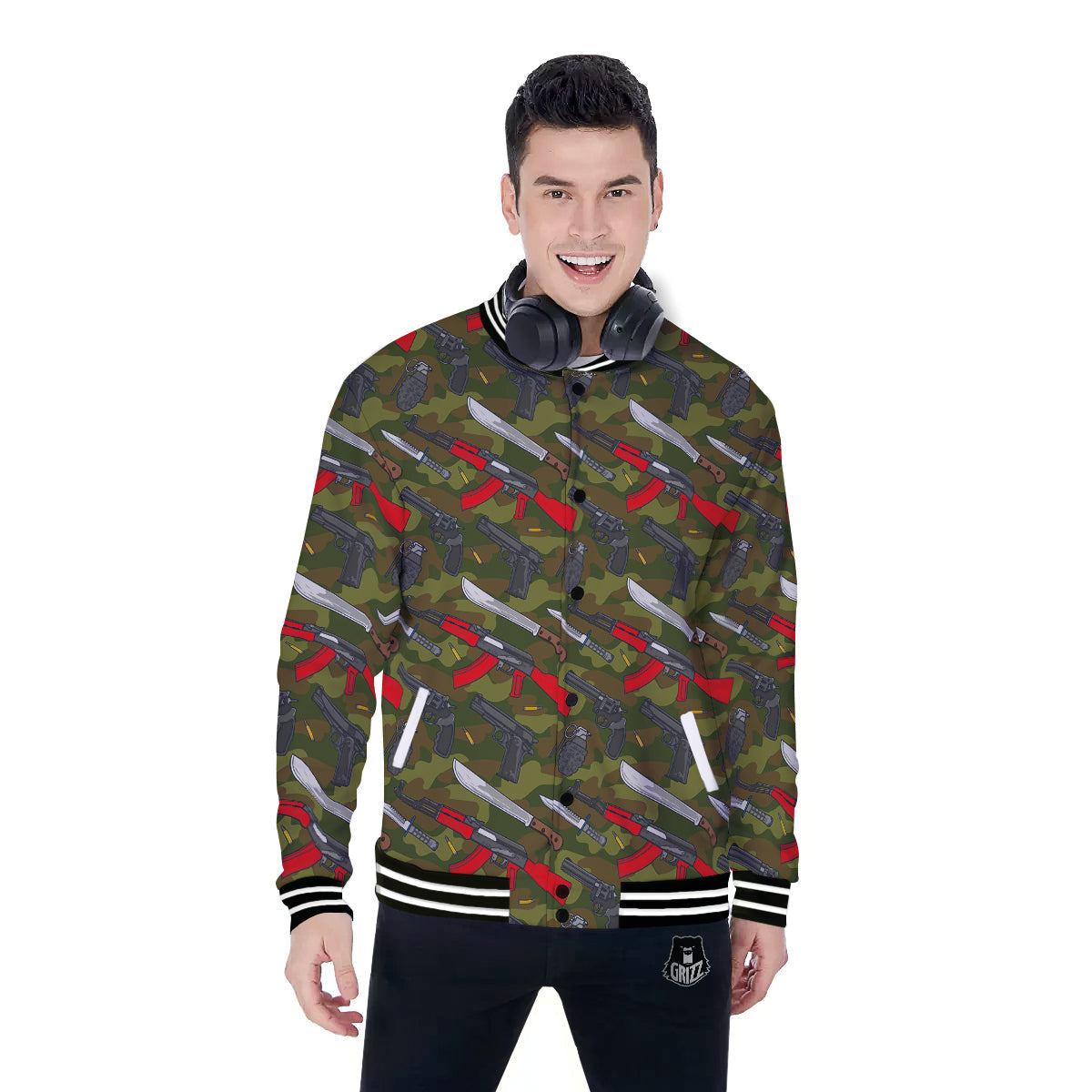 Terrorist Weapon Green Camo Print Pattern Baseball Jacket-grizzshop