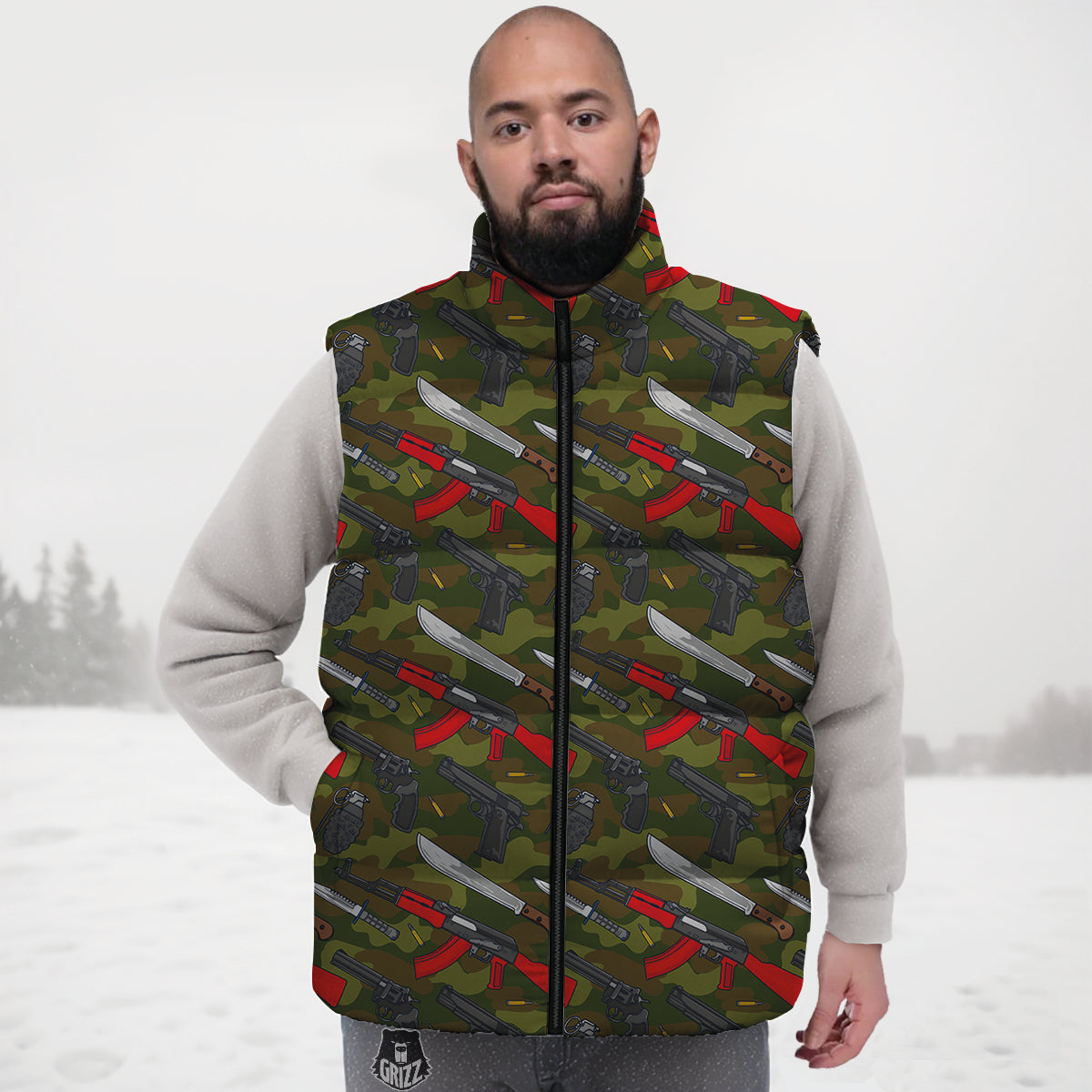 Terrorist Weapon Green Camo Print Pattern Down Vest-grizzshop