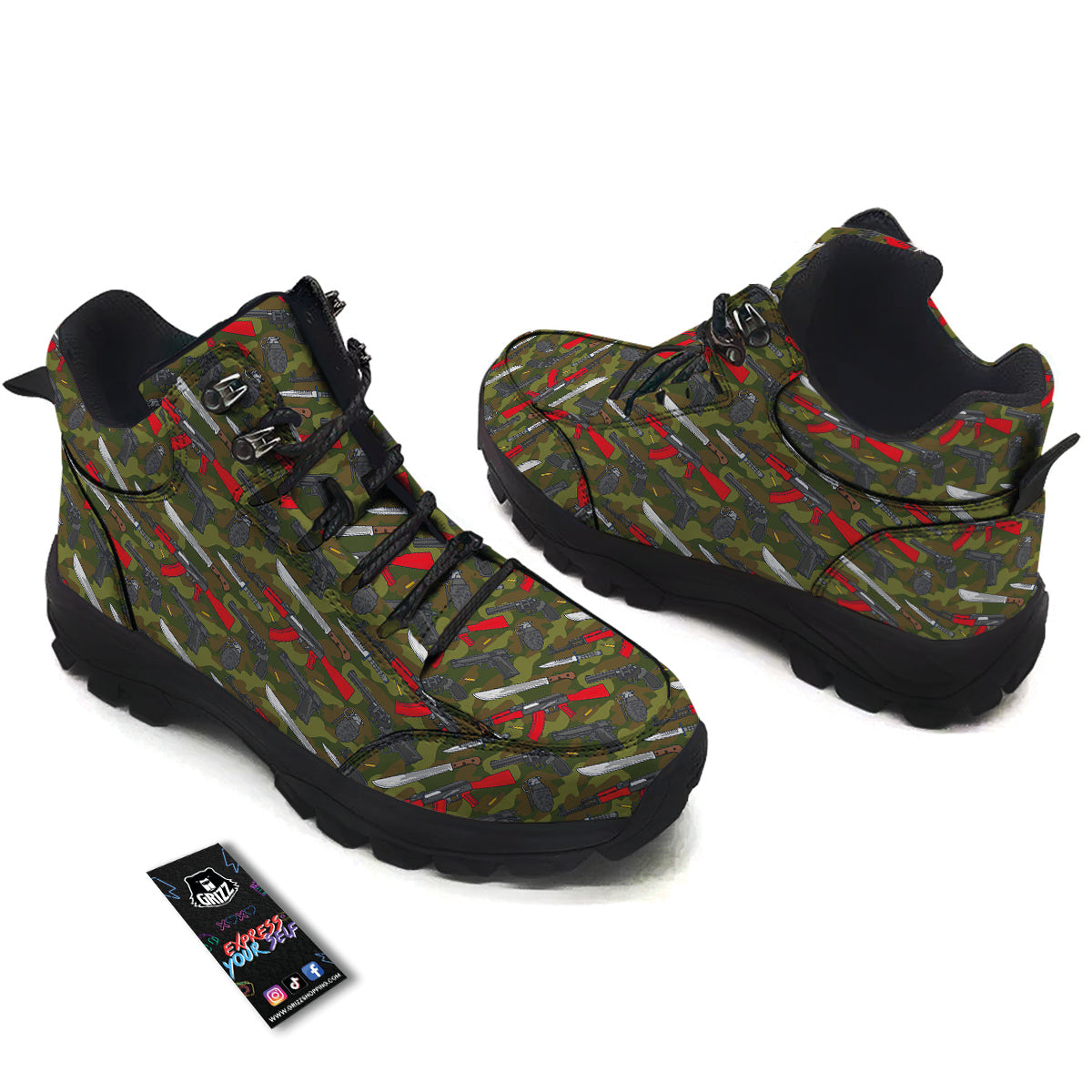 Terrorist Weapon Green Camo Print Pattern Hiking Shoes-grizzshop