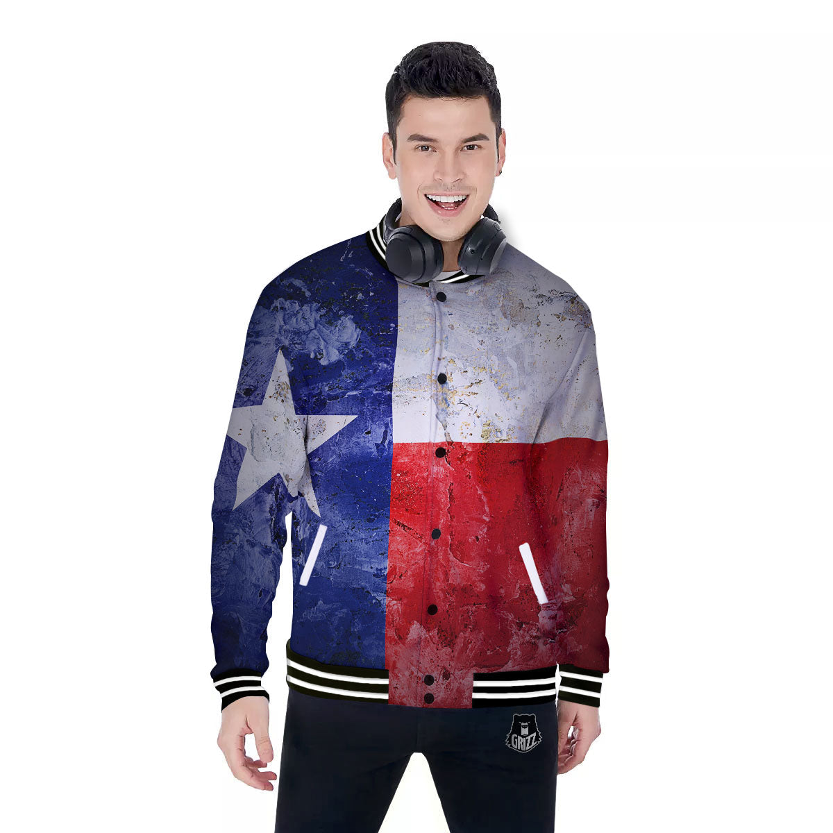 Texas Flag Grunge Print Baseball Jacket-grizzshop