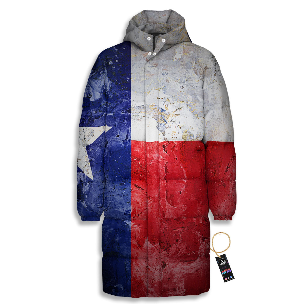 Texas Flag Grunge Print Long Down Jacket-grizzshop