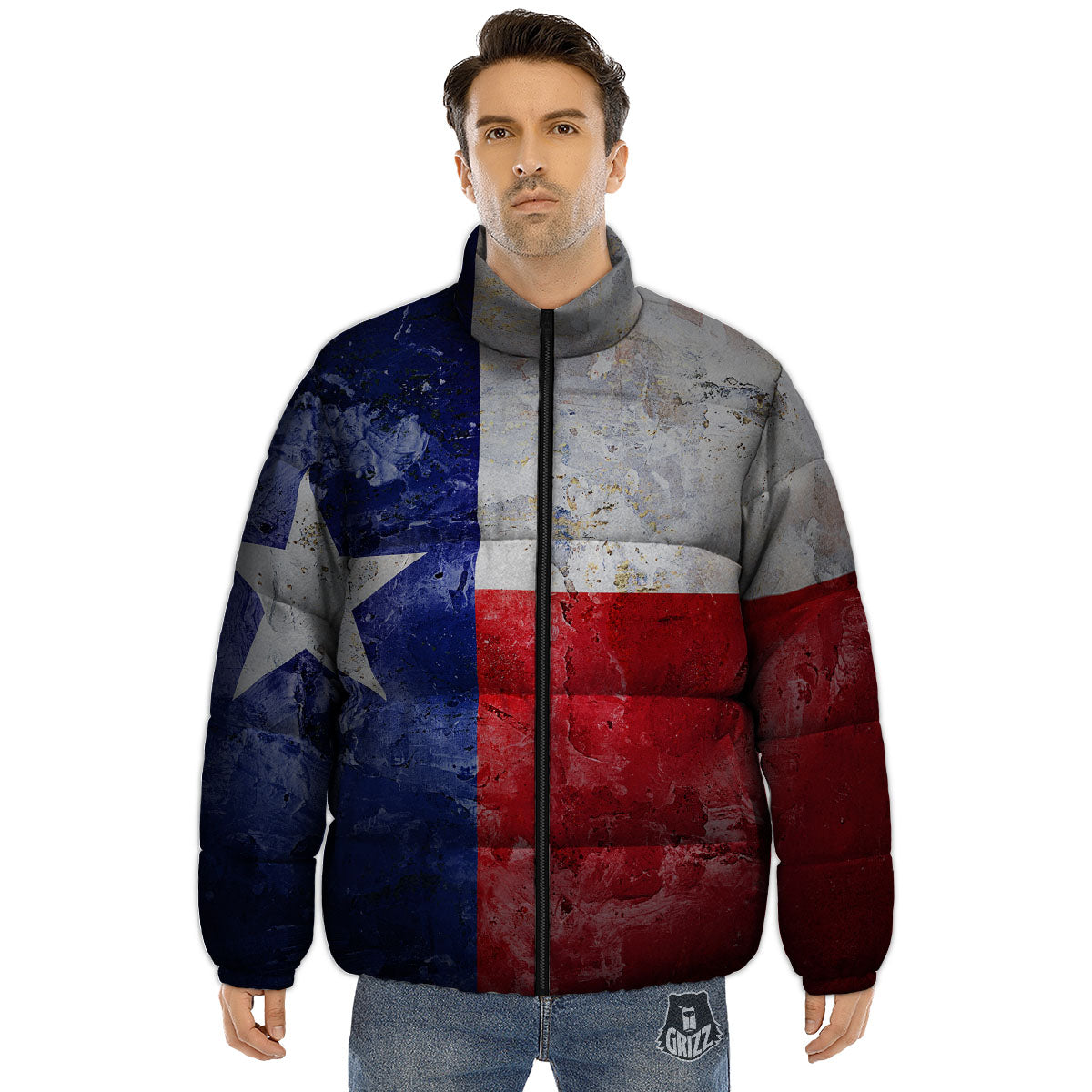 Texas Flag Grunge Print Puffer Jacket-grizzshop