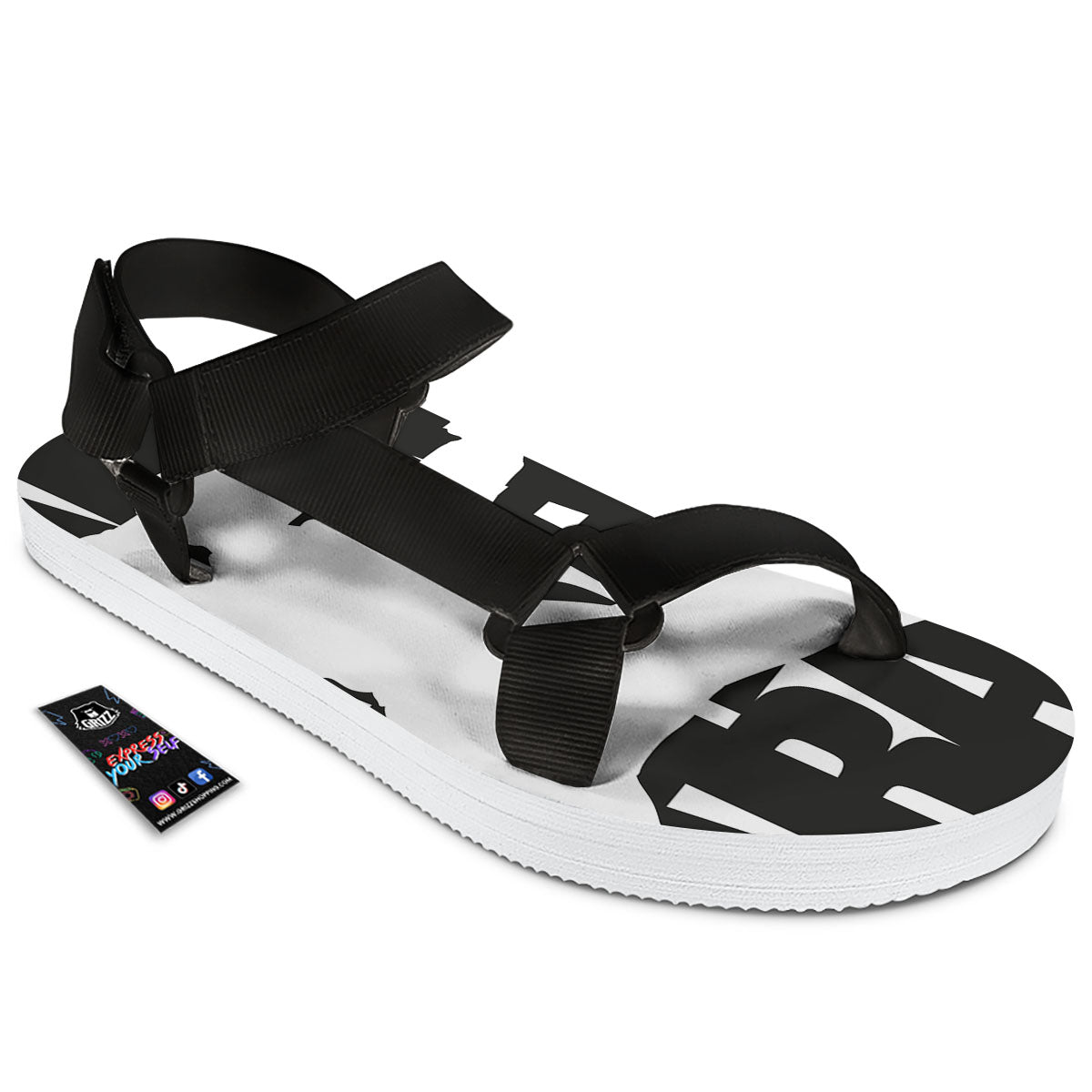 Text Karate Print Black Open Toe Sandals-grizzshop