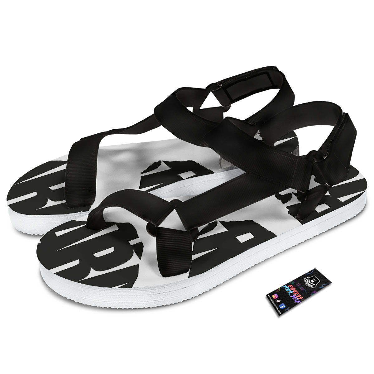 Text Karate Print Black Open Toe Sandals-grizzshop