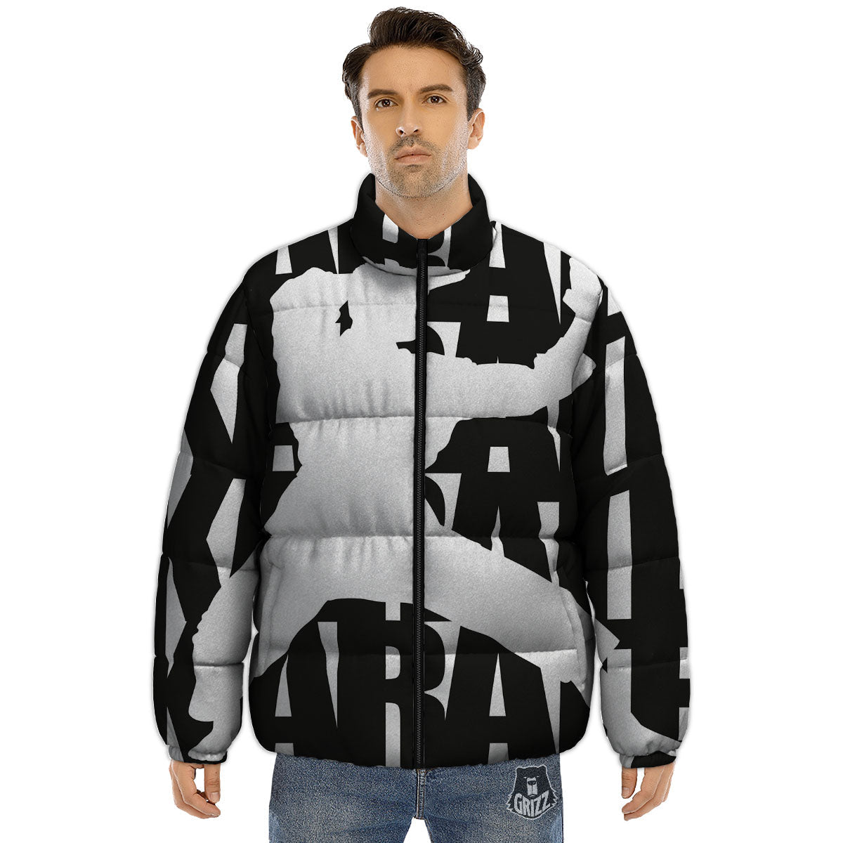 Text Karate Print Puffer Jacket-grizzshop