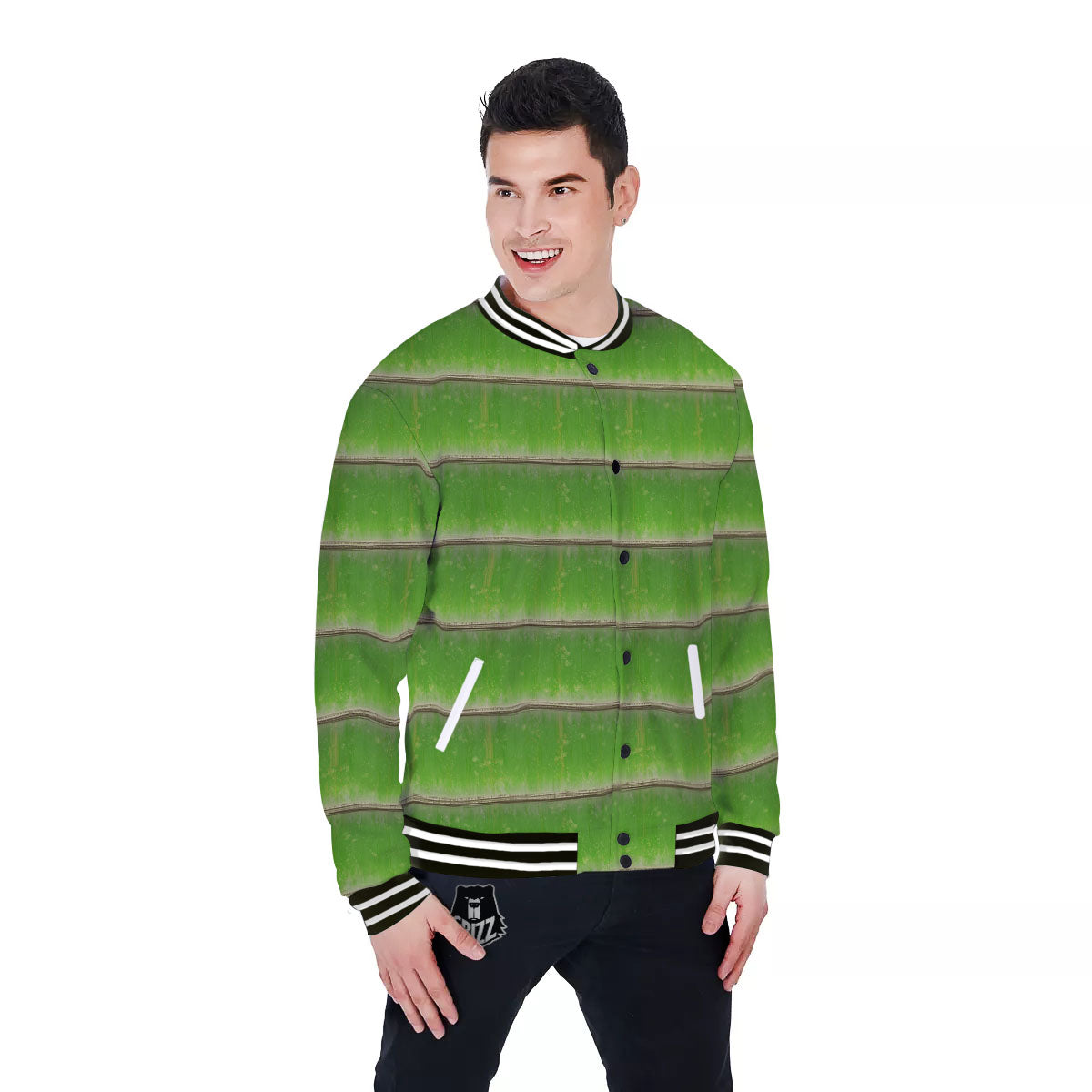 Texture Bamboo Green Print Baseball Jacket-grizzshop