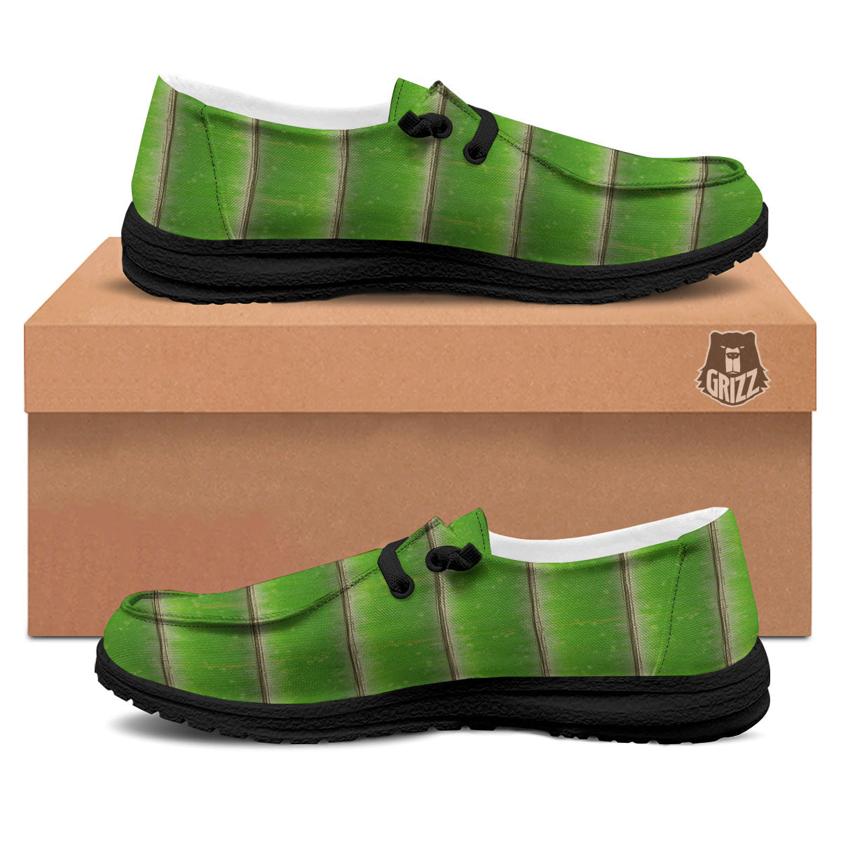 Texture Bamboo Green Print Black Loafers-grizzshop