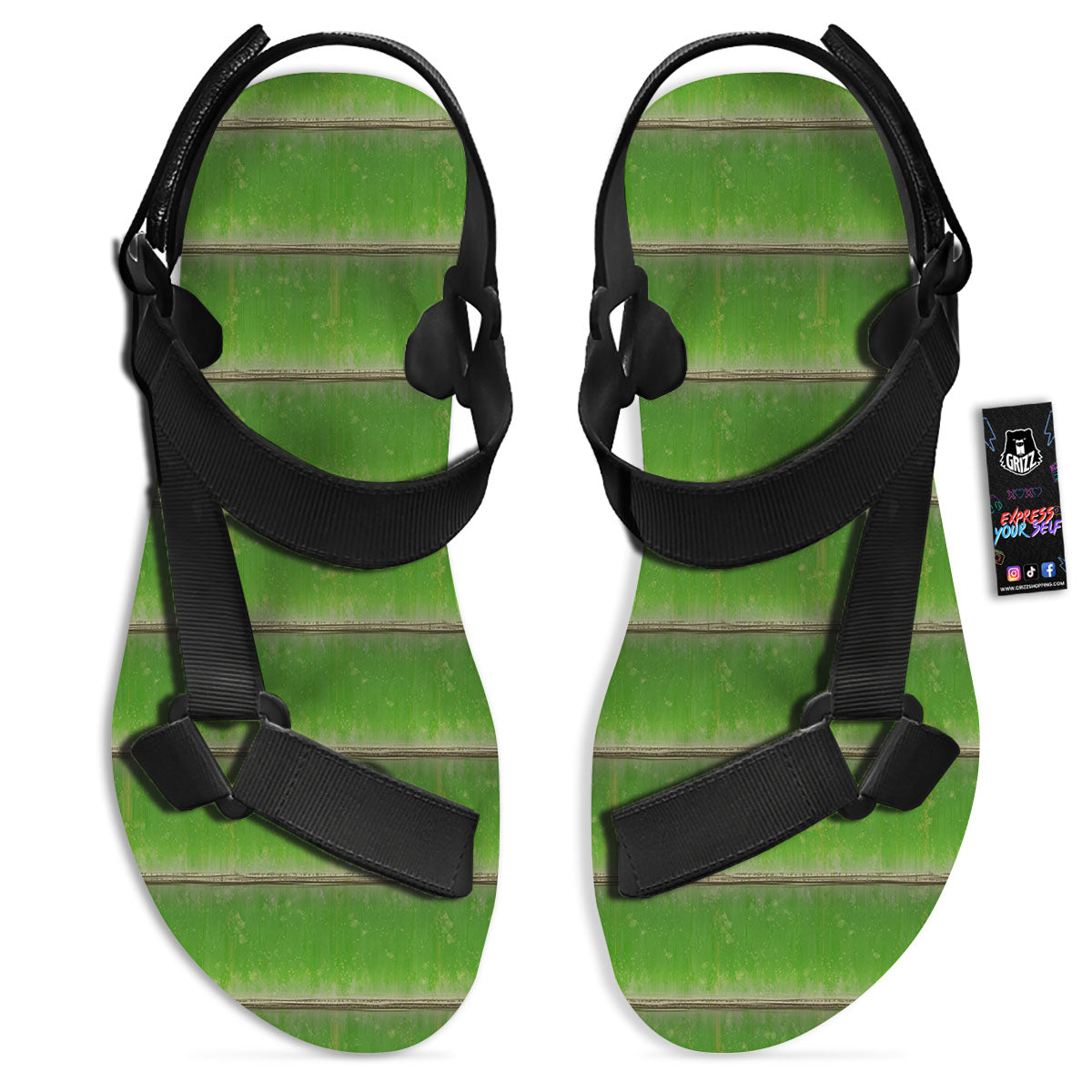 Texture Bamboo Green Print Black Open Toe Sandals-grizzshop