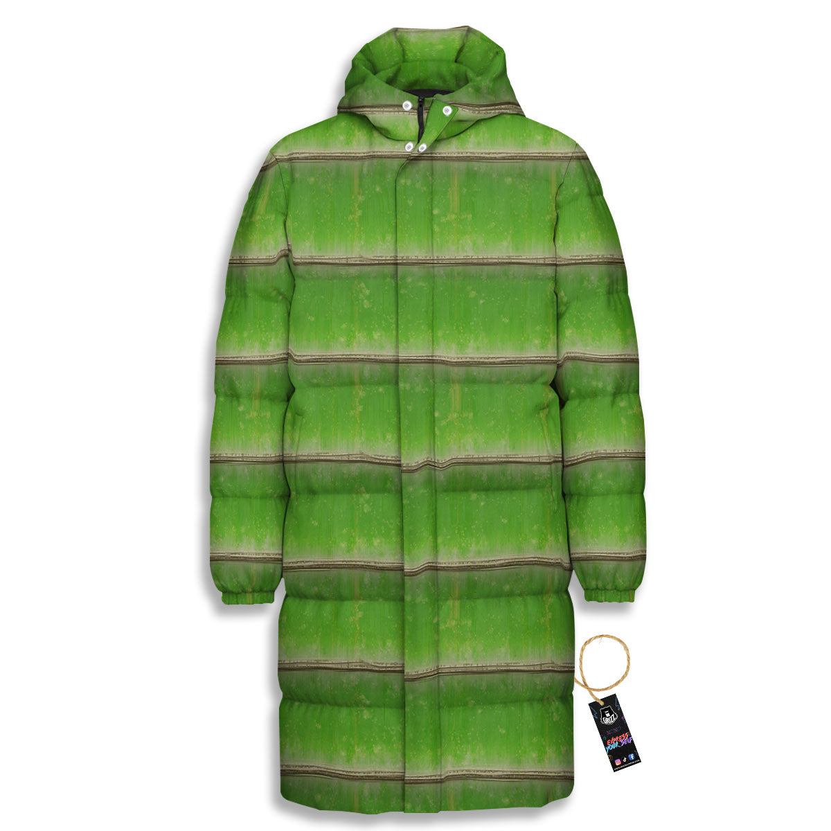 Texture Bamboo Green Print Long Down Jacket-grizzshop