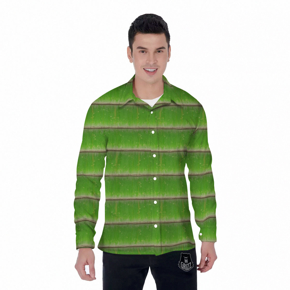 Texture Bamboo Green Print Men's Long Sleeve Shirts-grizzshop