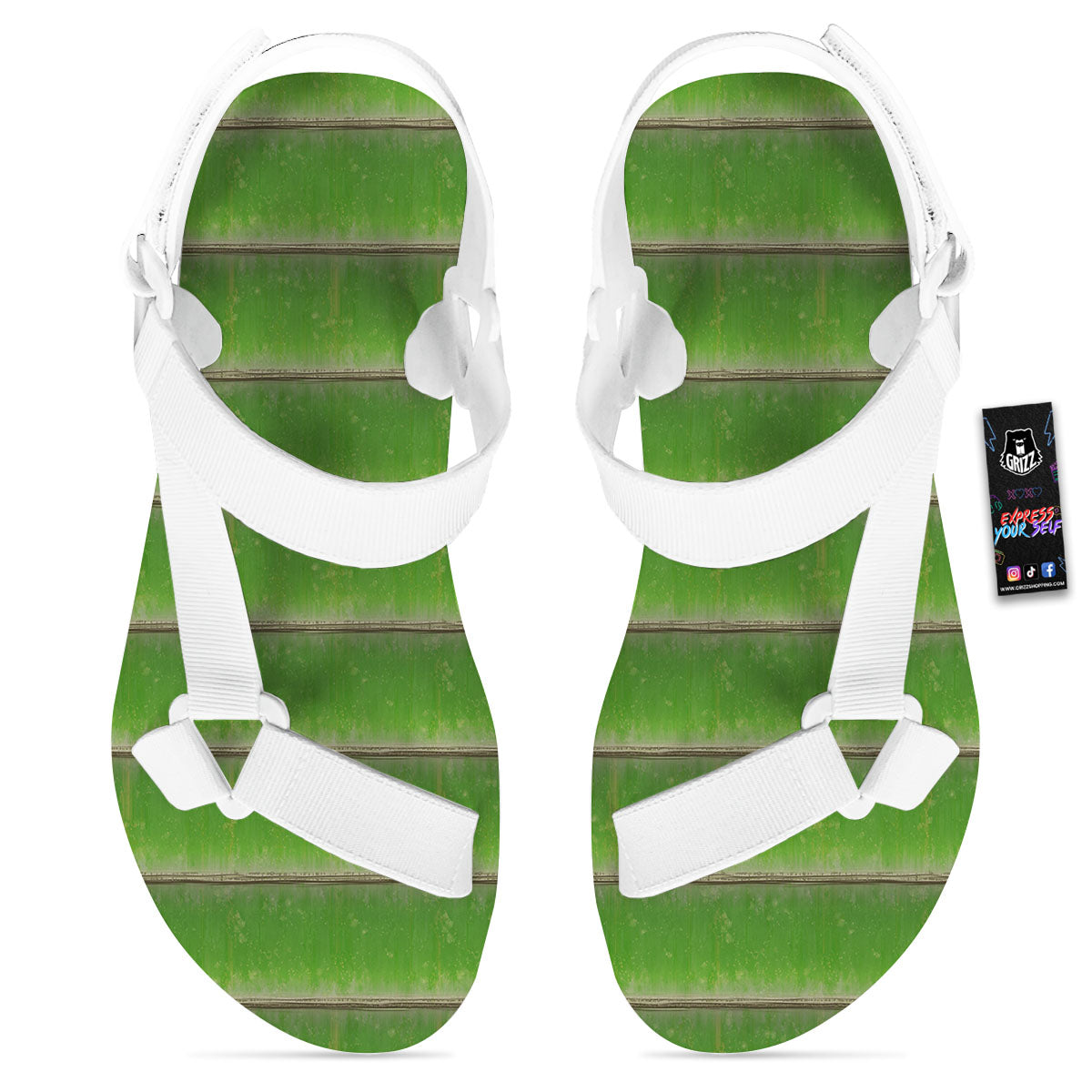 Texture Bamboo Green Print White Open Toe Sandals-grizzshop