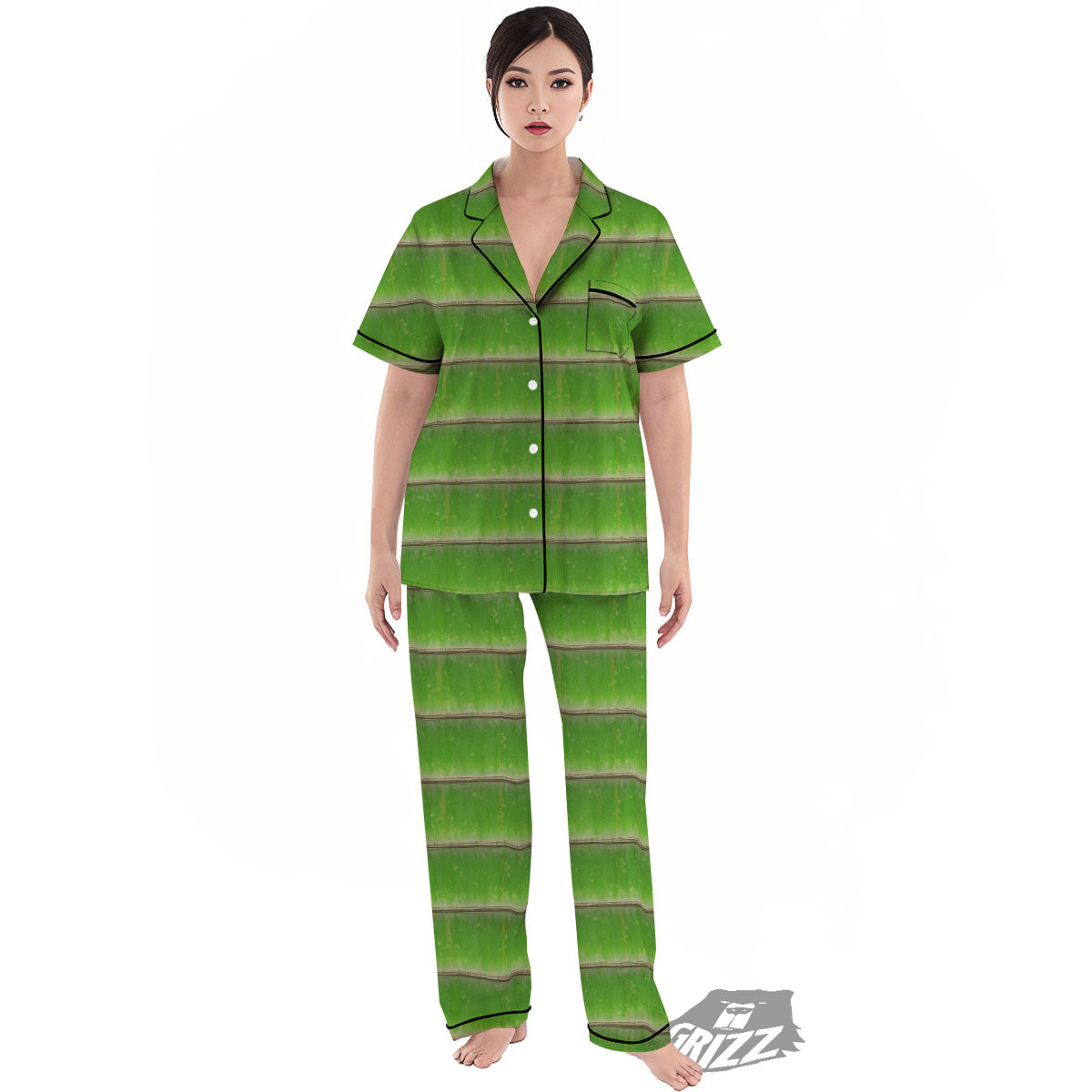 Texture Bamboo Green Print Women's Pajamas Set-grizzshop