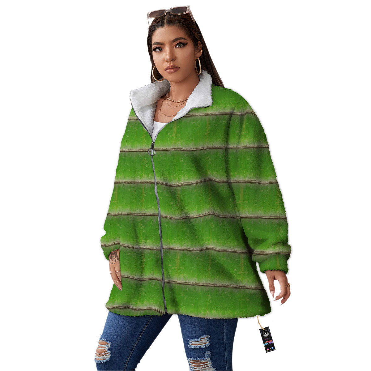 Texture Bamboo Green Print Women's Sherpa Jacket-grizzshop
