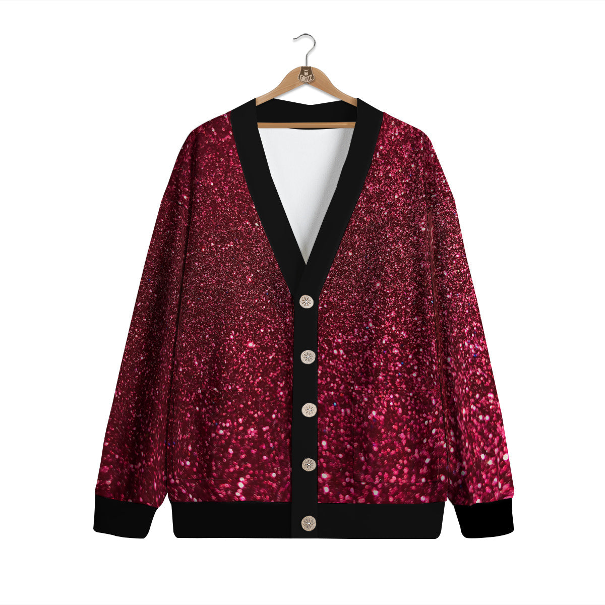 Texture Burgundy Glitter Print Cardigan-grizzshop