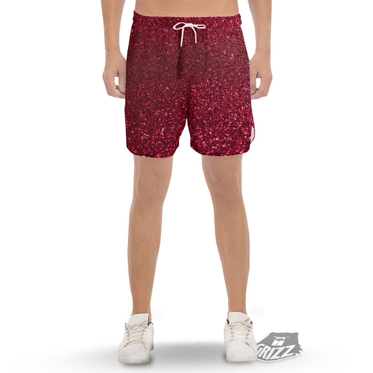 Texture Burgundy Glitter Print Men's Gym Shorts-grizzshop