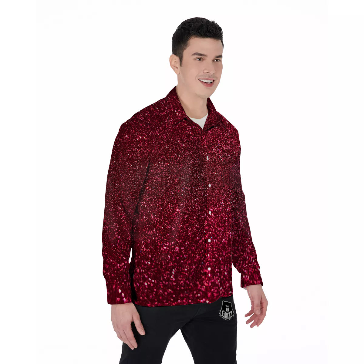 Texture Burgundy Glitter Print Men's Long Sleeve Shirts-grizzshop