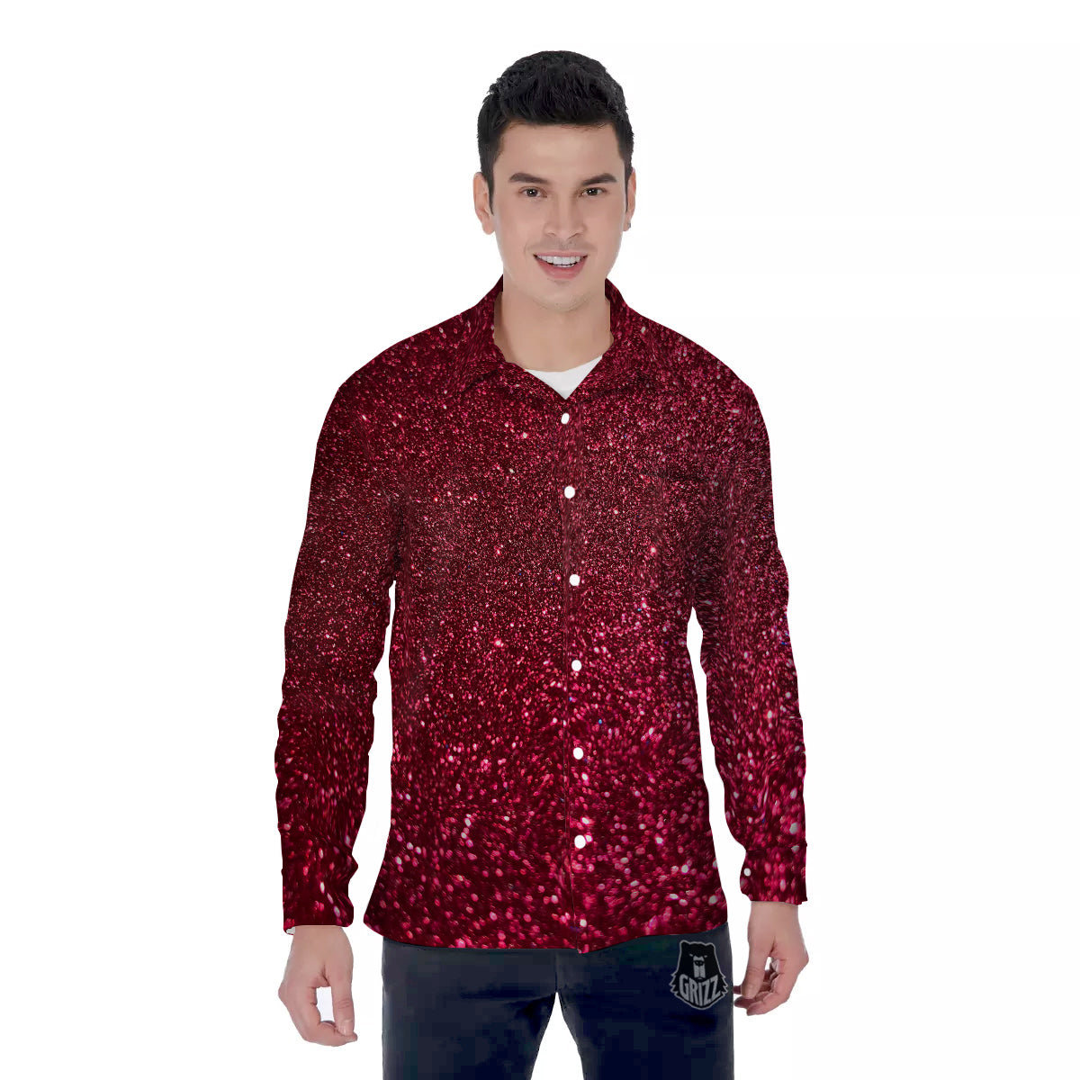 Texture Burgundy Glitter Print Men's Long Sleeve Shirts-grizzshop