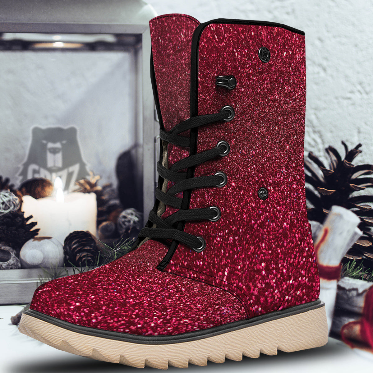 Texture Burgundy Glitter Print Snow Boots-grizzshop