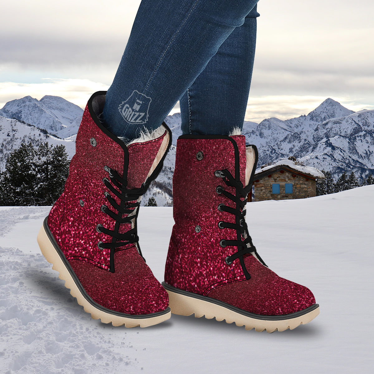 Texture Burgundy Glitter Print Snow Boots-grizzshop