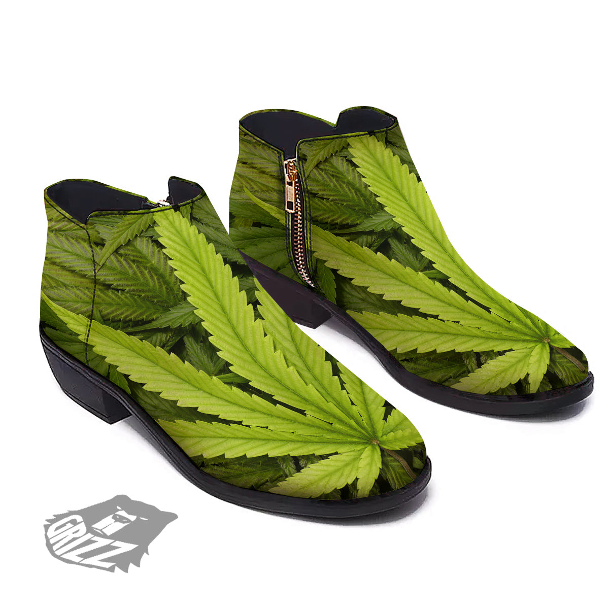 Texture Cannabis Print Ankle Boots-grizzshop