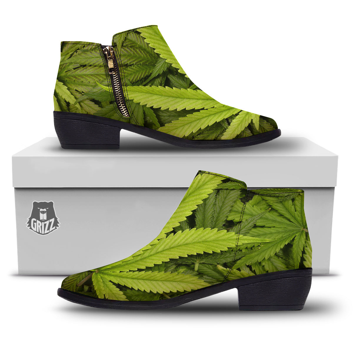 Texture Cannabis Print Ankle Boots-grizzshop