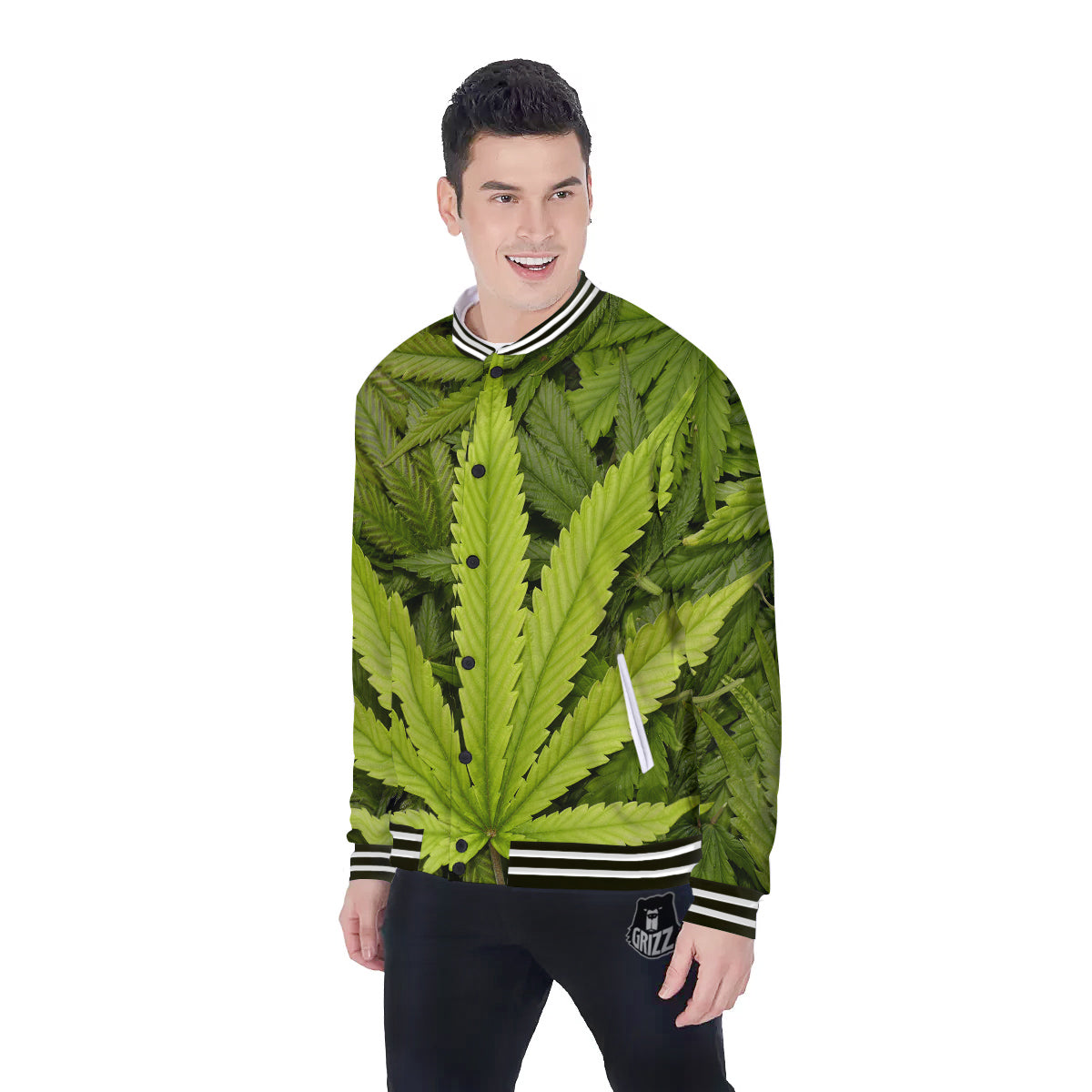 Texture Cannabis Print Baseball Jacket-grizzshop