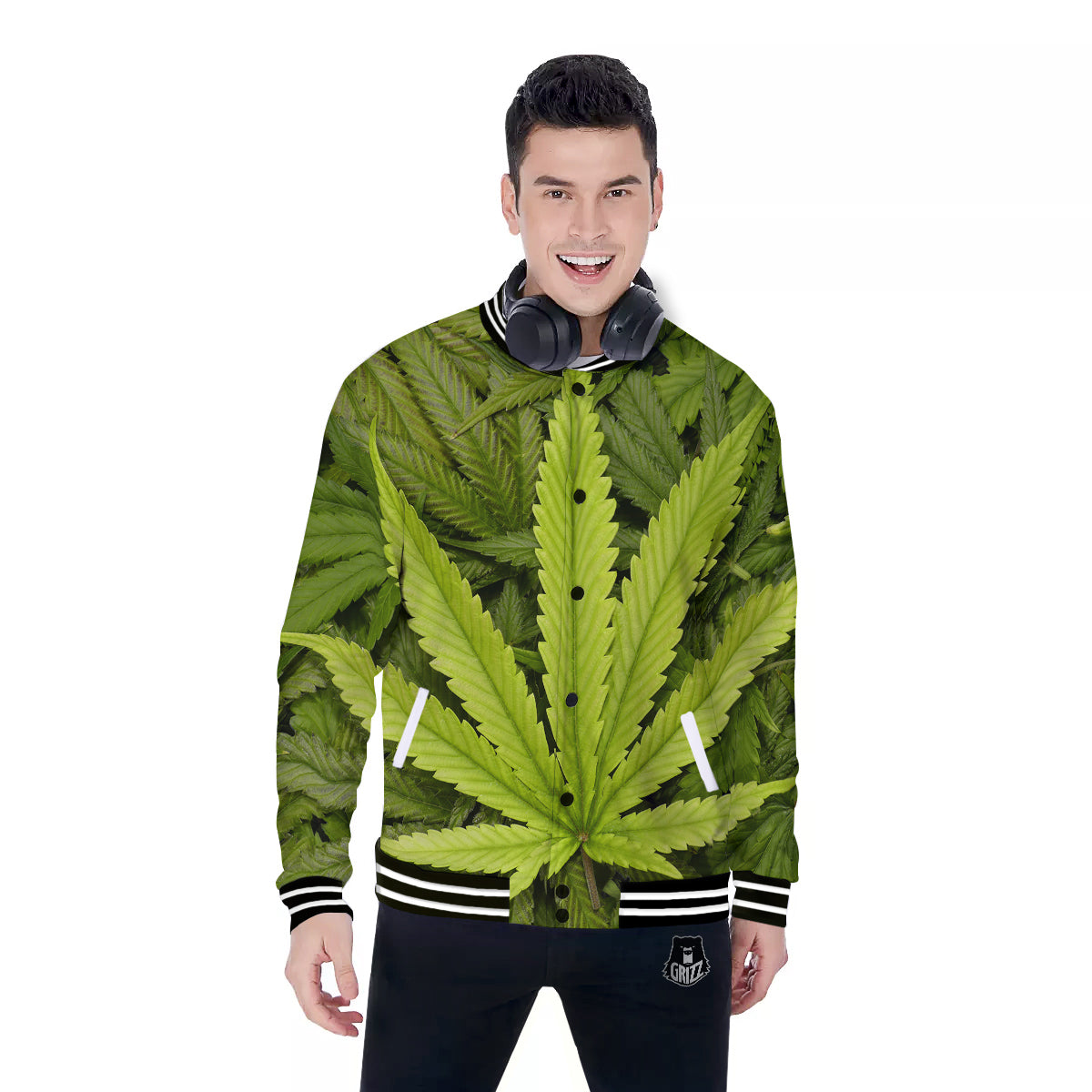 Texture Cannabis Print Baseball Jacket-grizzshop