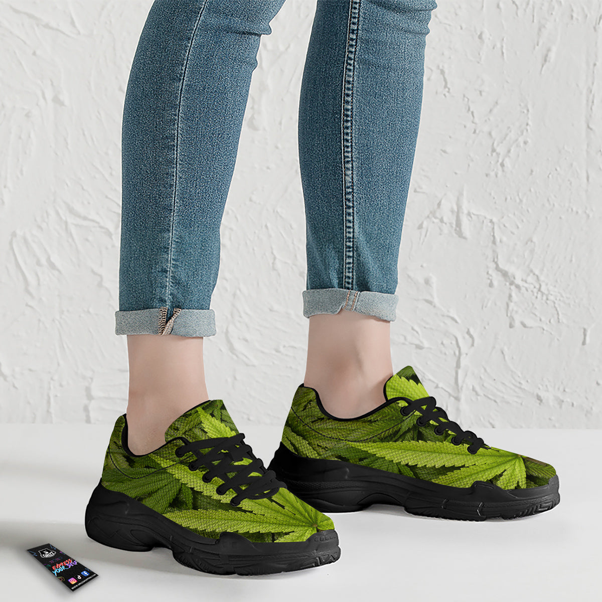 Texture Cannabis Print Black Chunky Shoes-grizzshop