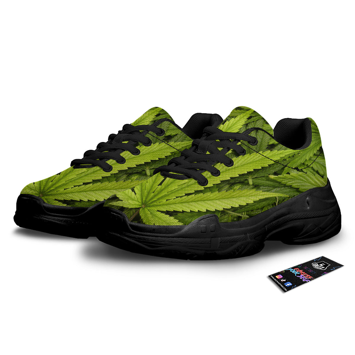 Texture Cannabis Print Black Chunky Shoes-grizzshop
