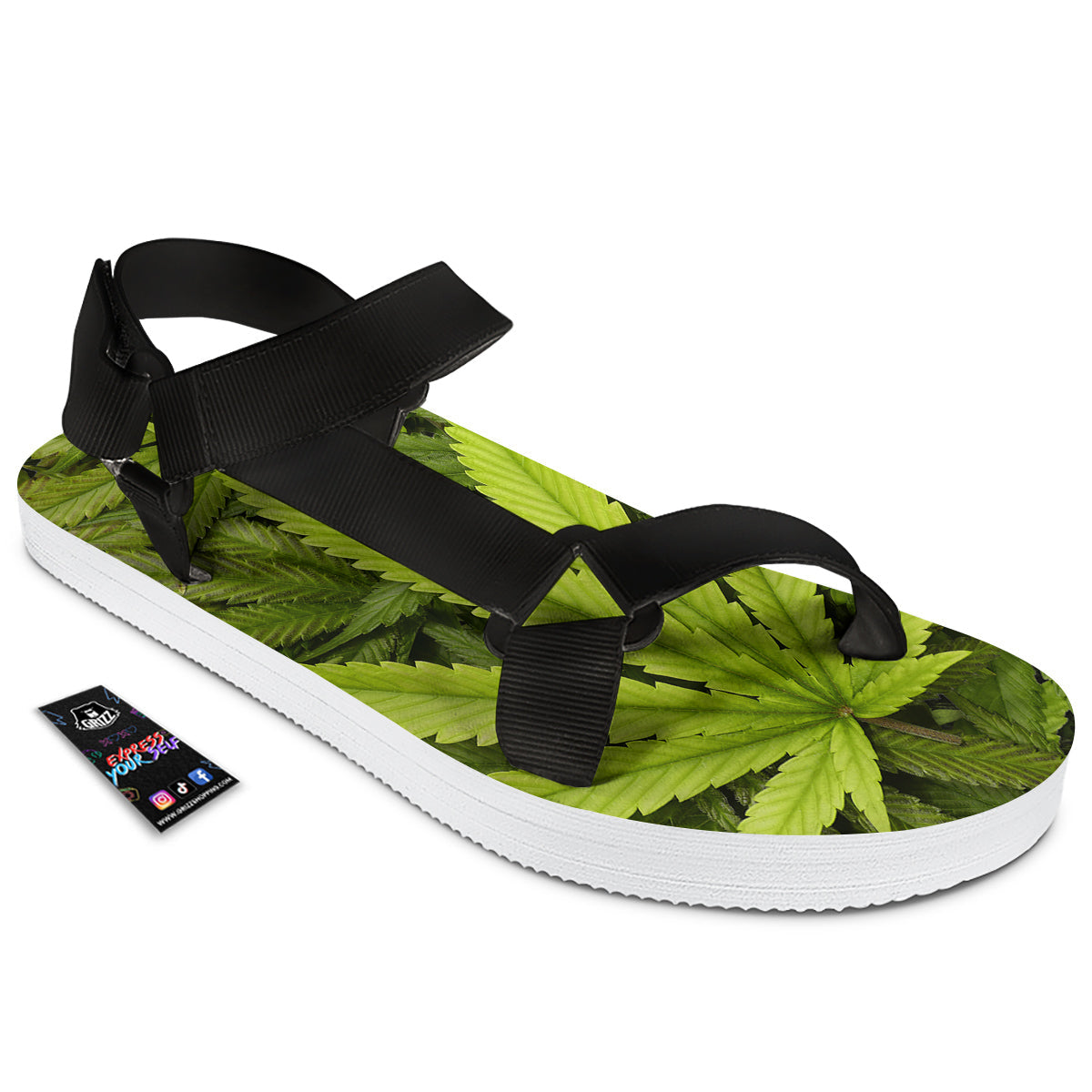 Texture Cannabis Print Black Open Toe Sandals-grizzshop