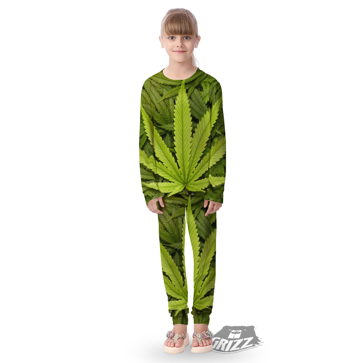 Texture Cannabis Print Kid's Pajamas-grizzshop