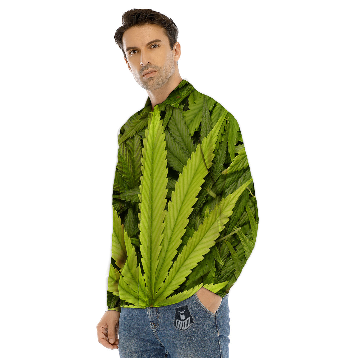 Texture Cannabis Print Men's Dress Shirts-grizzshop