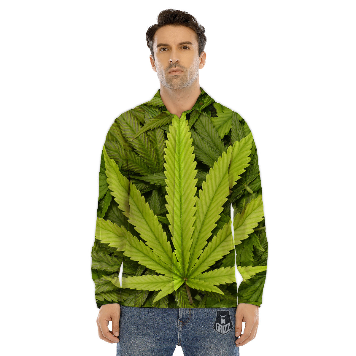 Texture Cannabis Print Men's Dress Shirts-grizzshop