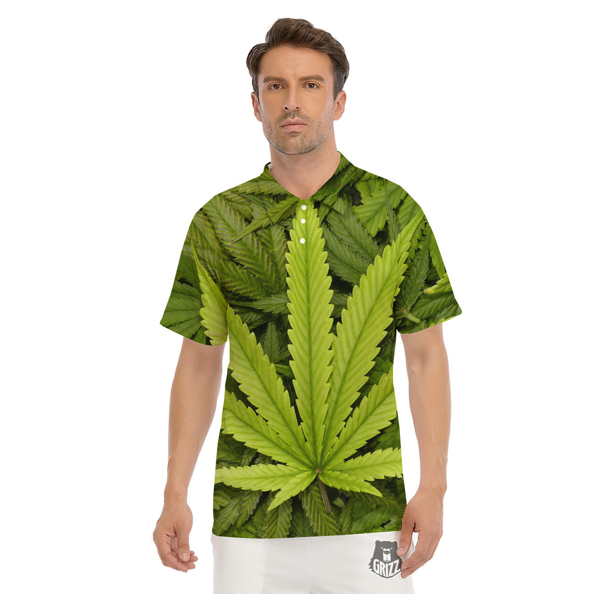 Texture Cannabis Print Men's Golf Shirts-grizzshop