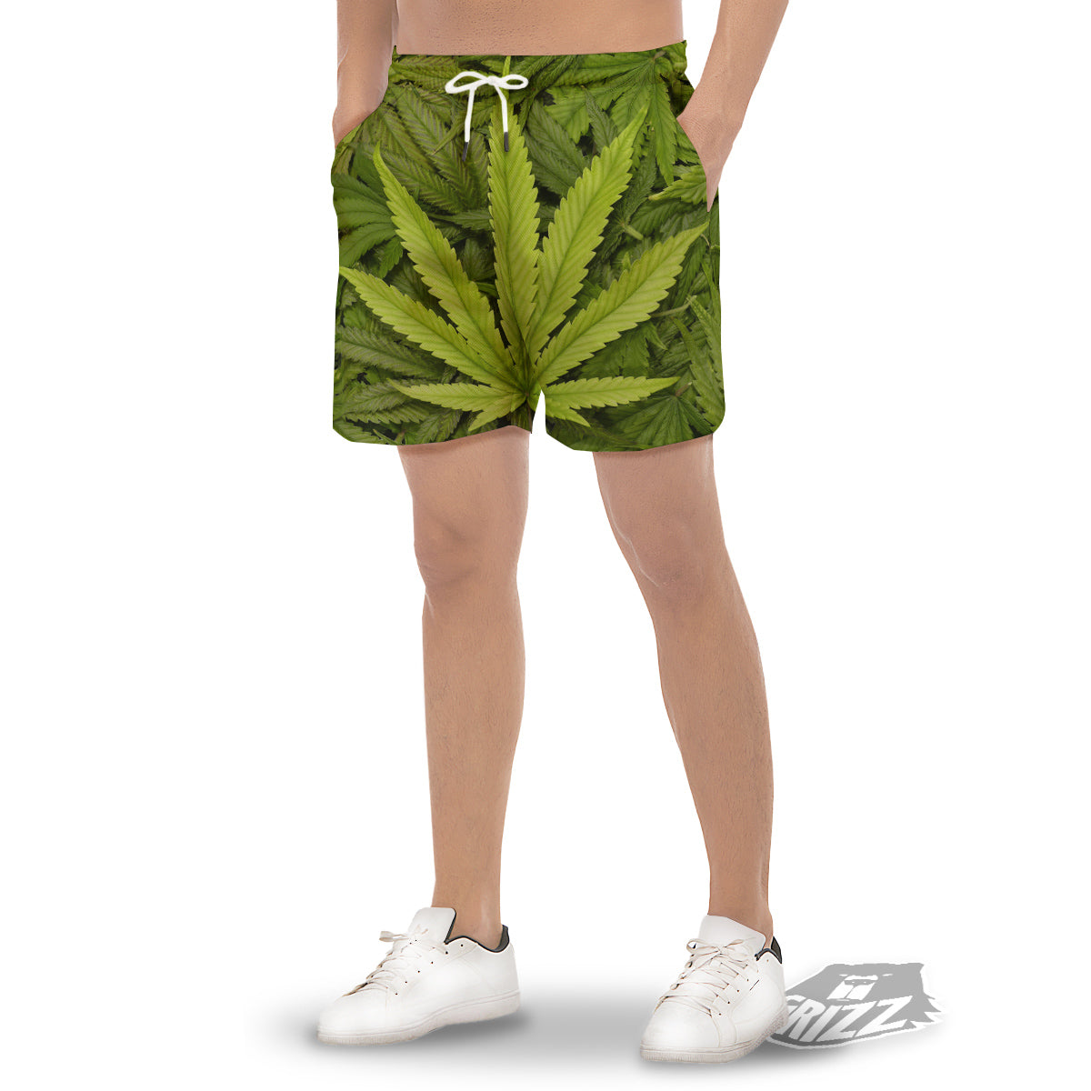 Texture Cannabis Print Men's Gym Shorts-grizzshop