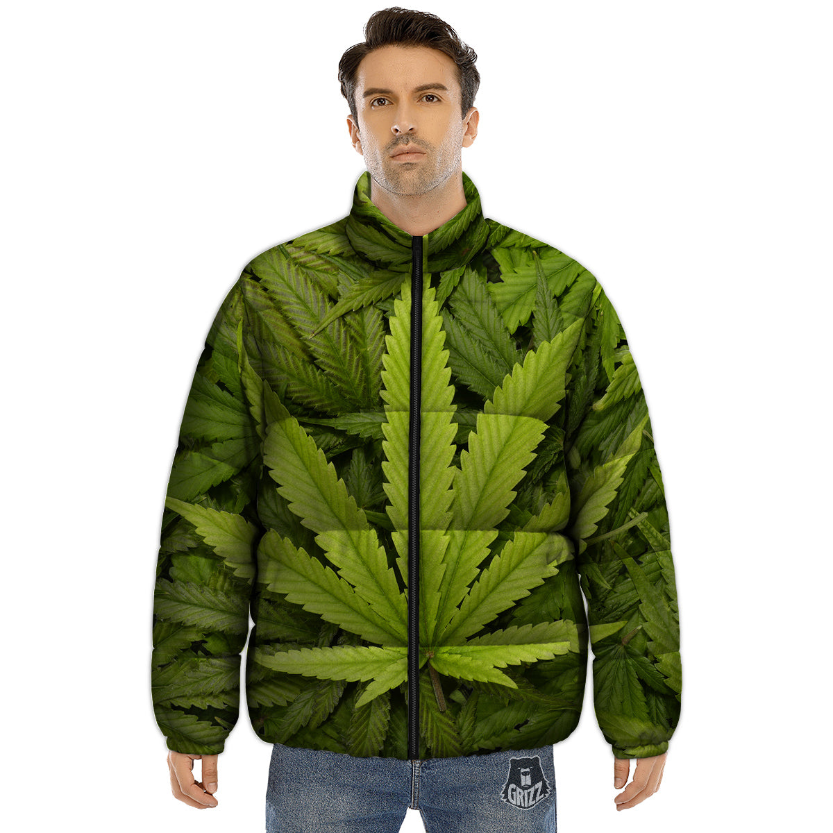 Texture Cannabis Print Puffer Jacket-grizzshop