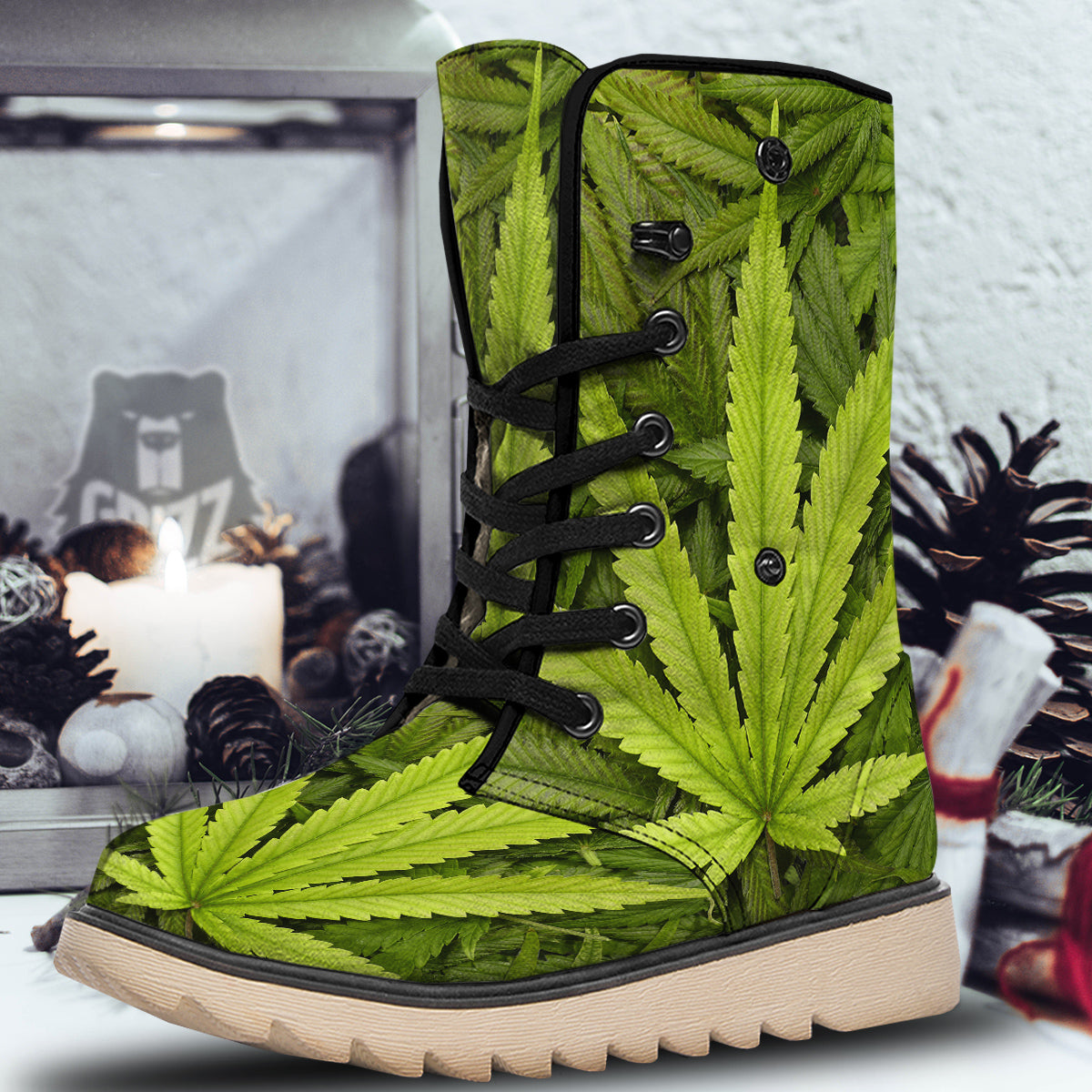Texture Cannabis Print Snow Boots-grizzshop