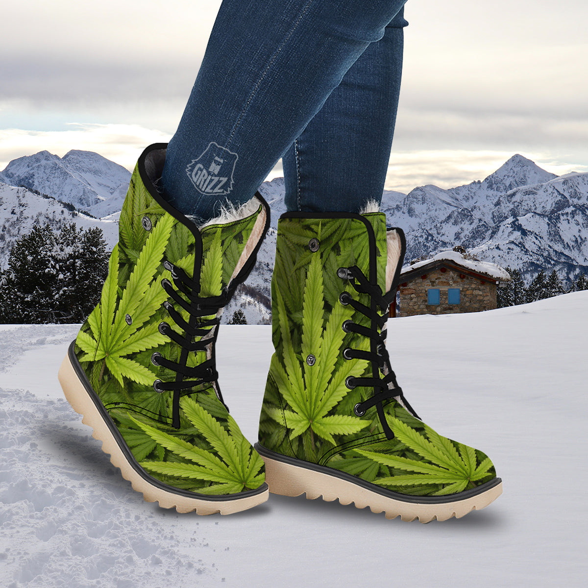 Texture Cannabis Print Snow Boots-grizzshop