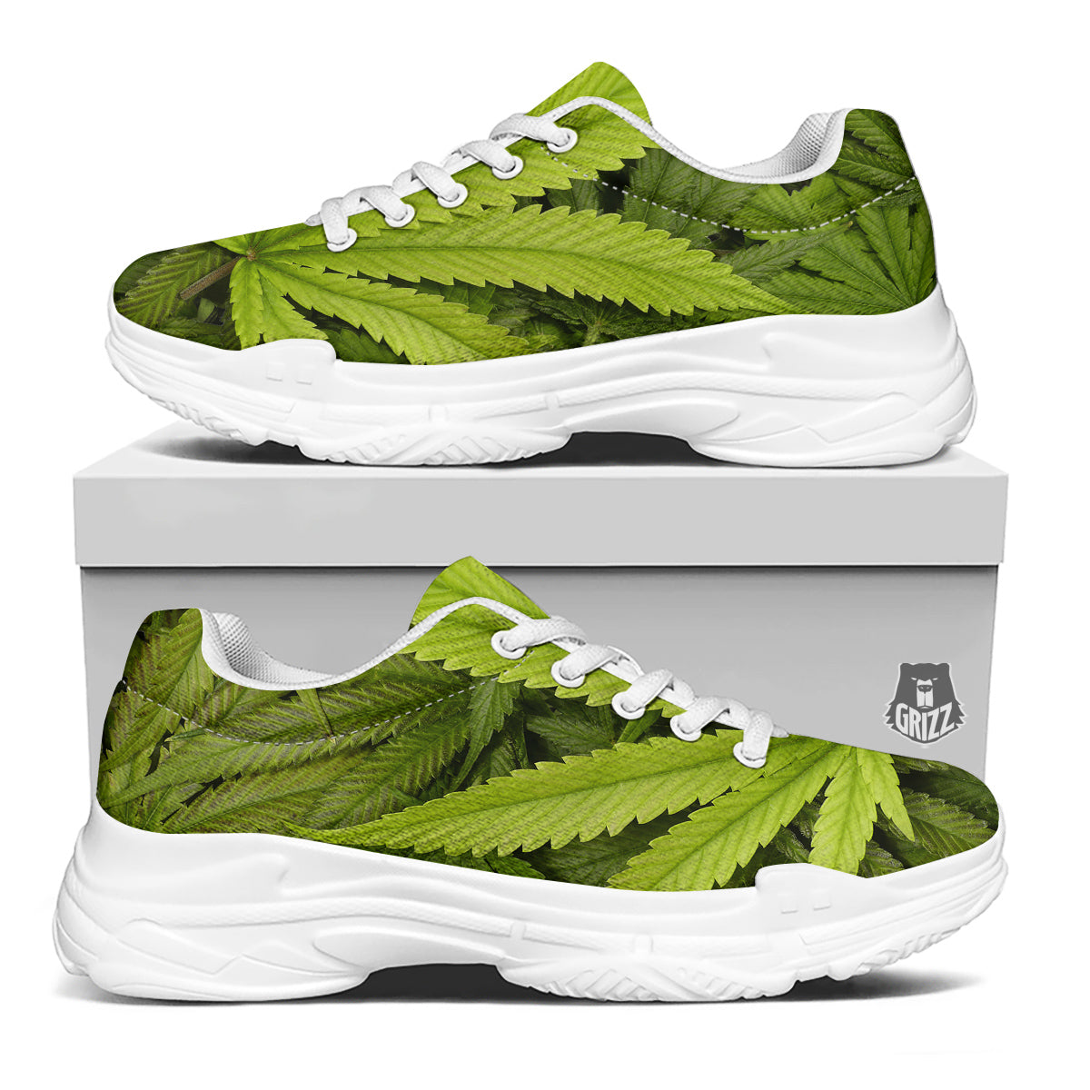 Texture Cannabis Print White Chunky Shoes-grizzshop