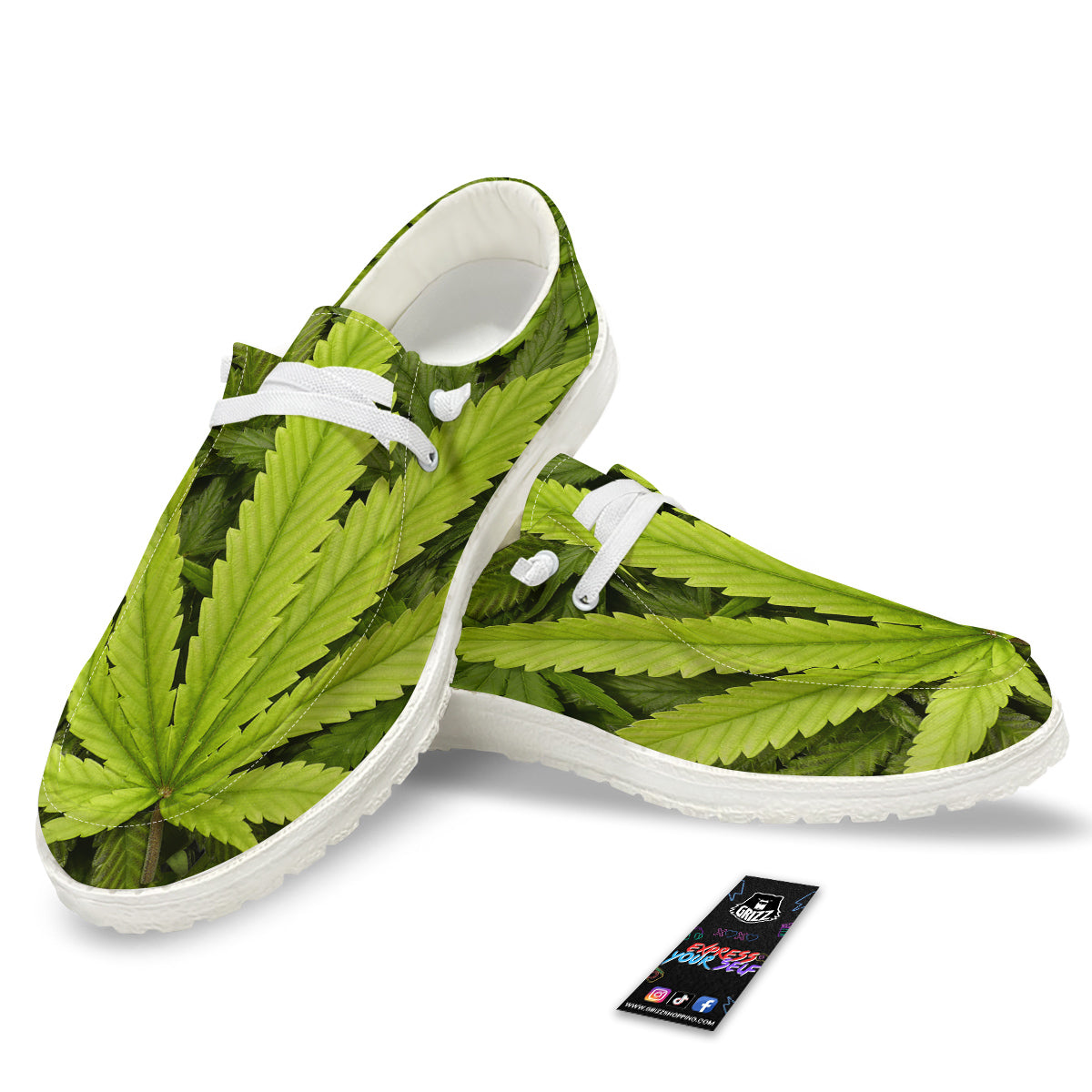 Texture Cannabis Print White Loafers-grizzshop