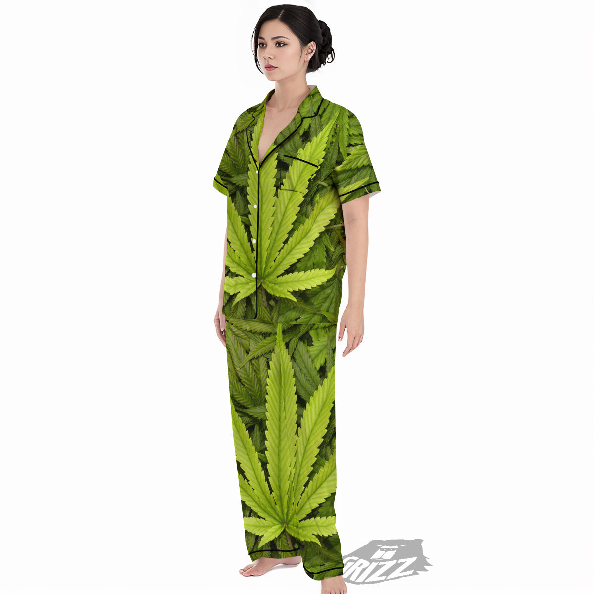 Texture Cannabis Print Women's Pajamas Set-grizzshop