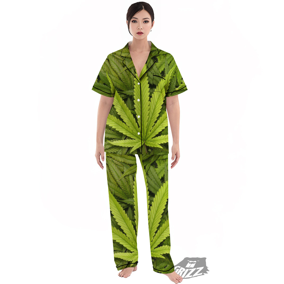 Texture Cannabis Print Women's Pajamas Set-grizzshop