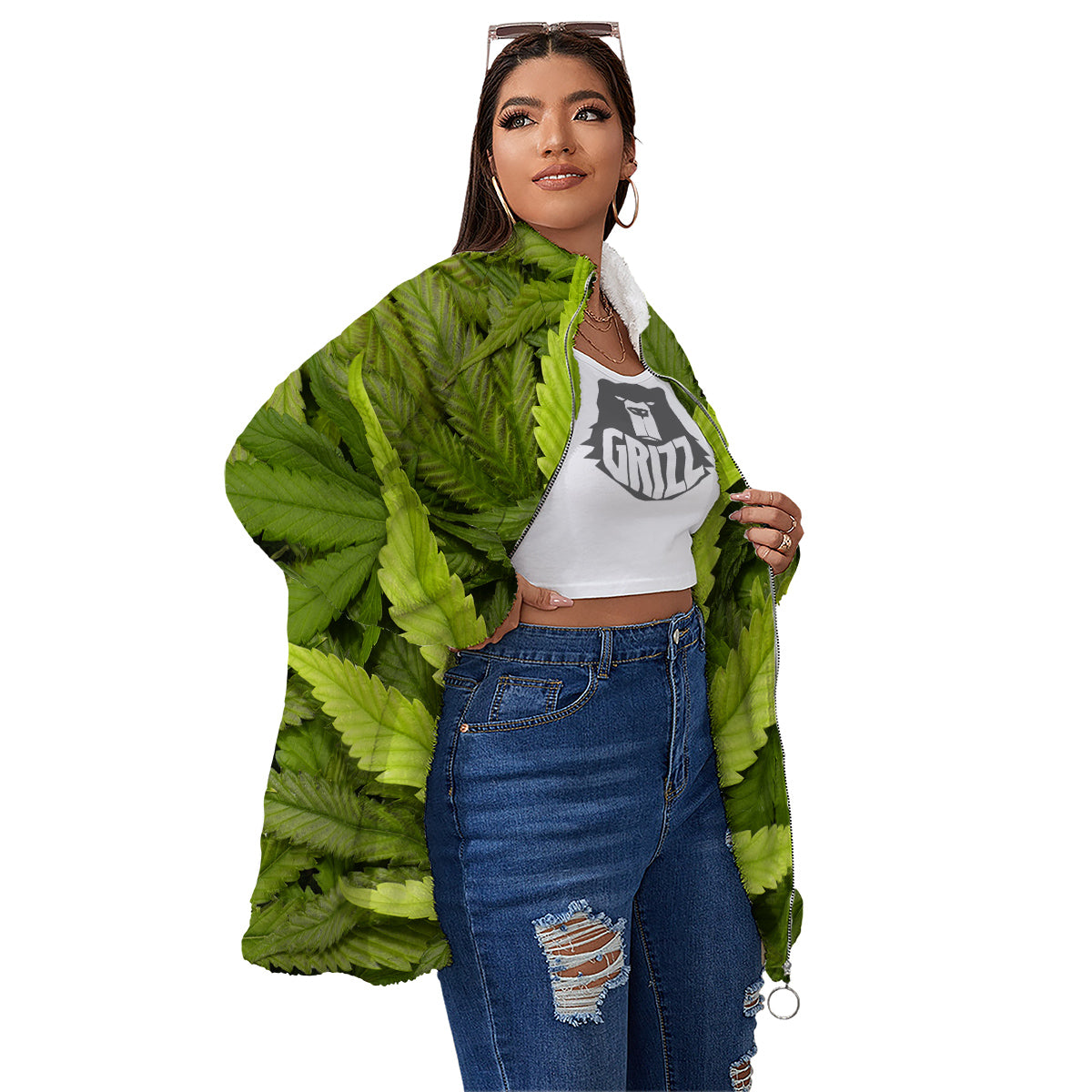 Texture Cannabis Print Women's Sherpa Jacket-grizzshop