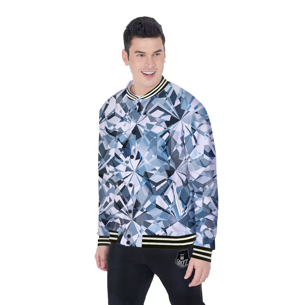 Texture Diamond Print Baseball Jacket-grizzshop