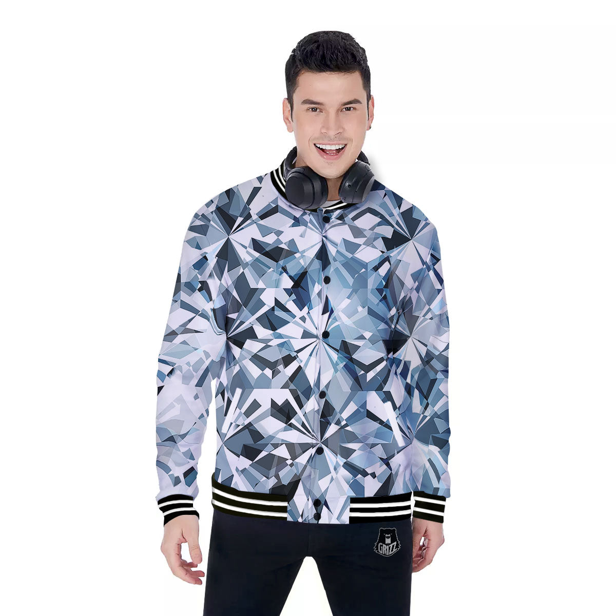 Texture Diamond Print Baseball Jacket-grizzshop