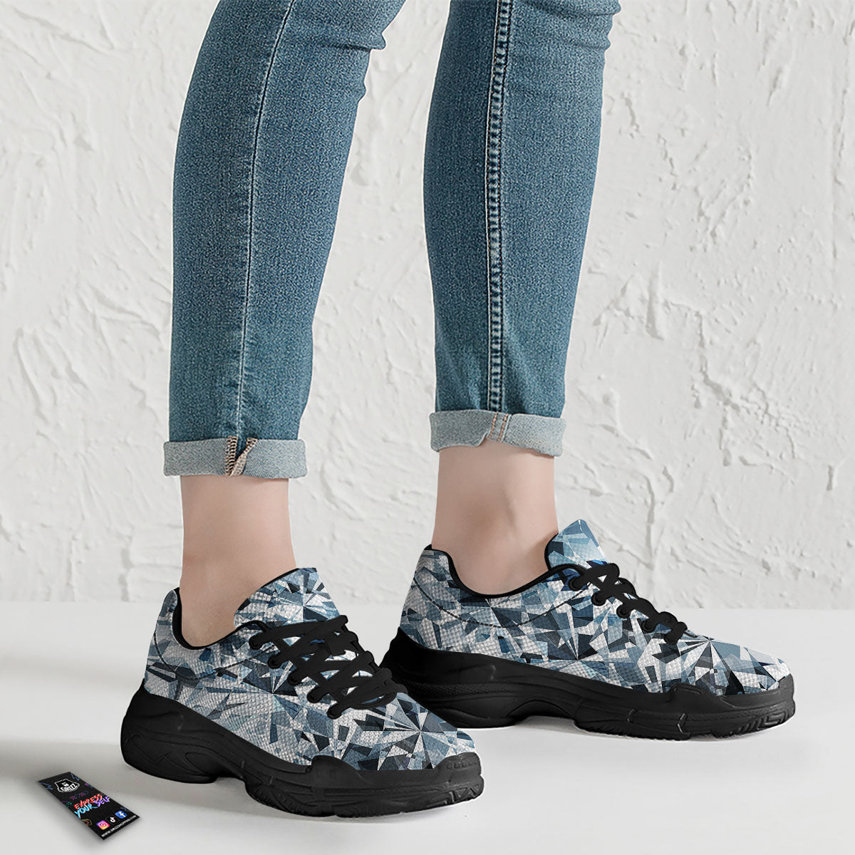 Texture Diamond Print Black Chunky Shoes-grizzshop