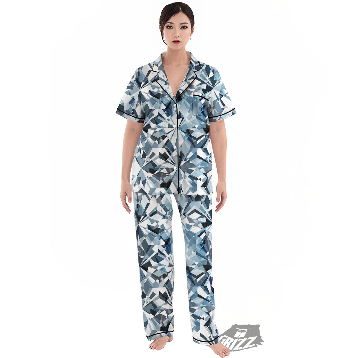 Texture Diamond Print Women's Pajamas Set-grizzshop